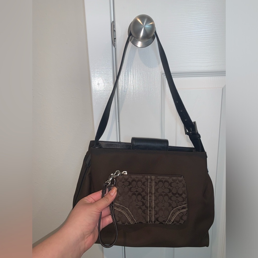 COACH brown Mercer Nylon & Leather Shoulder Bag Purse Handbag and logo wristlet